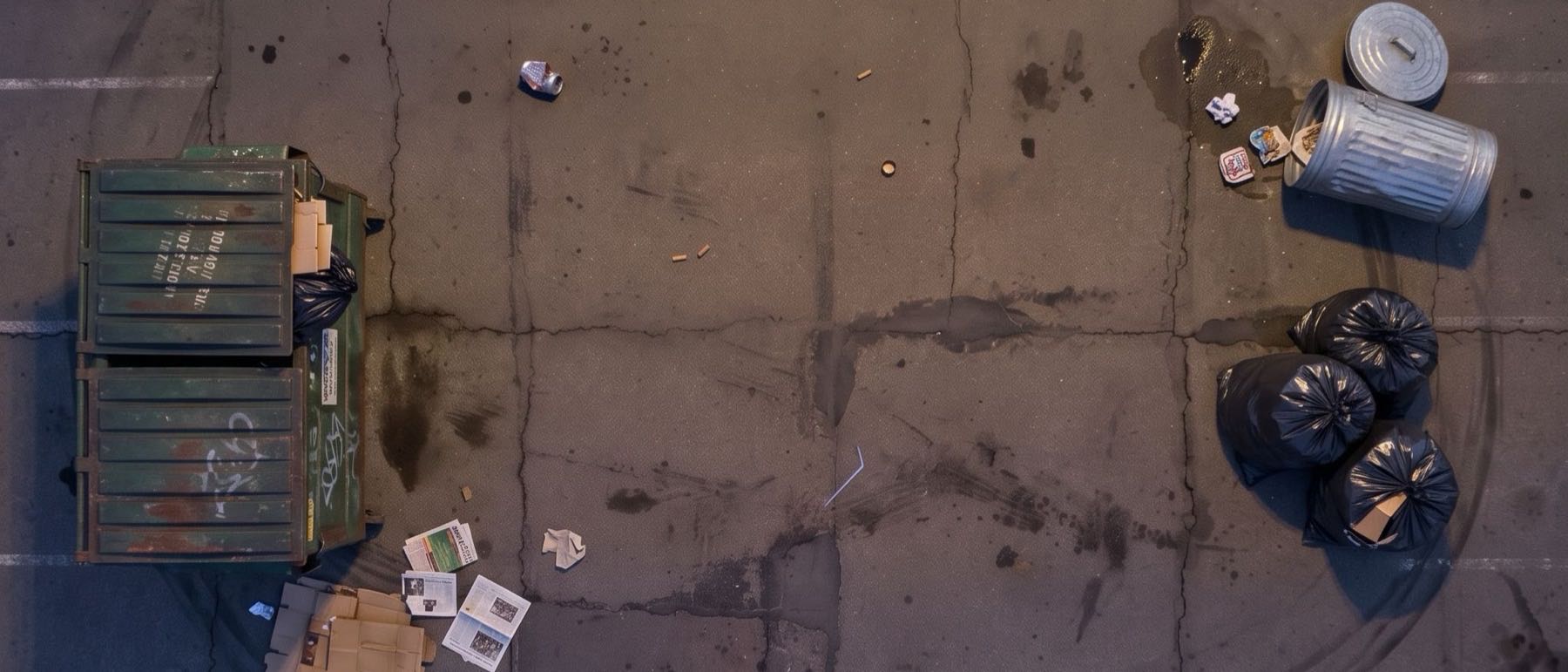 A back alley photographed from directly above: a dumpster, upturned bins, bin bags and scattered rubbish on wet asphalt.